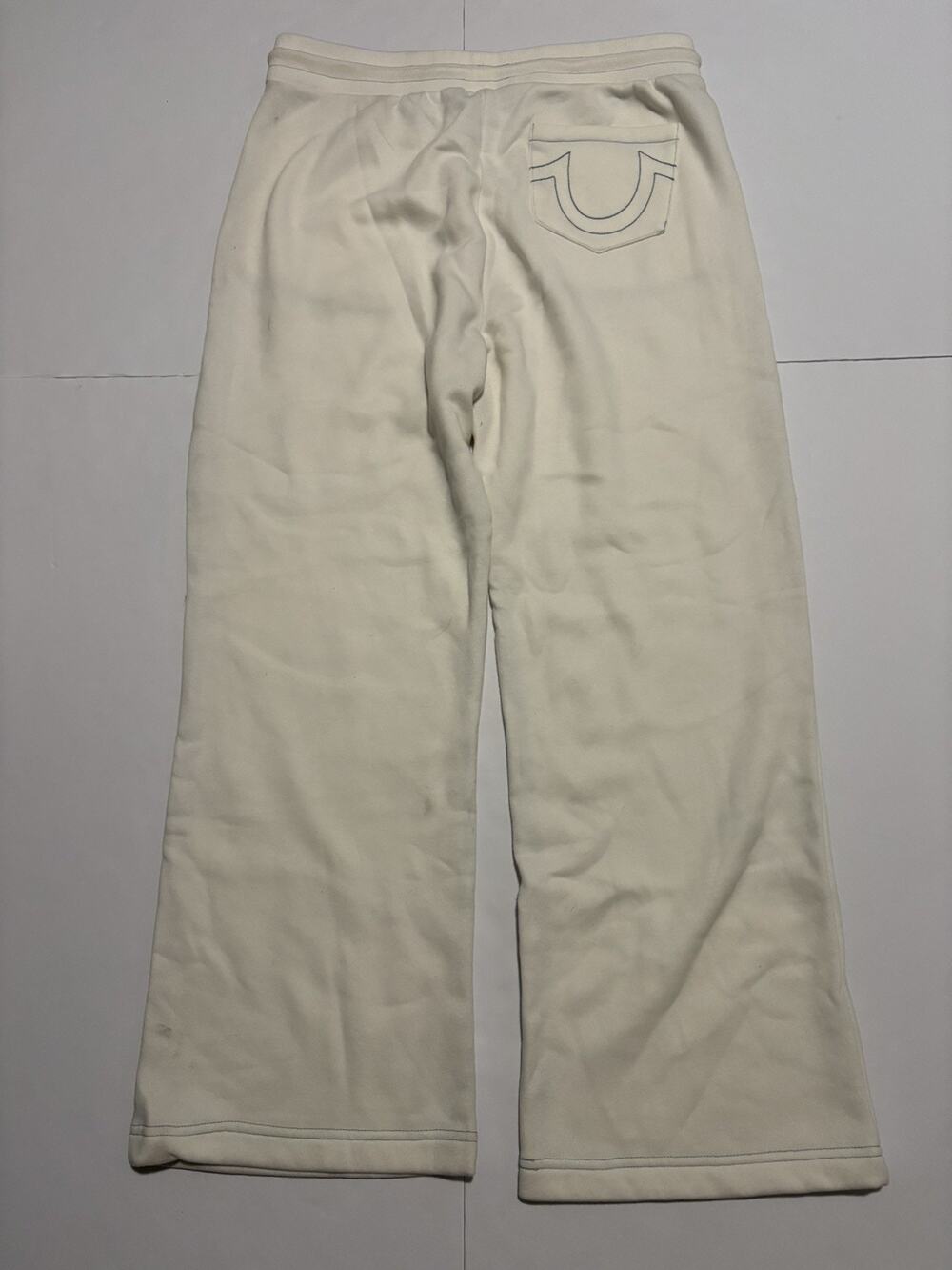 True Religion Mens L Wide Leg Sweatpants Cream White Big T Horseshoe Y2K